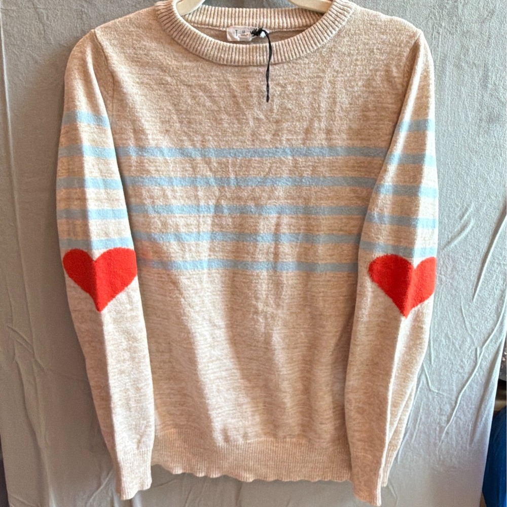 THML Heart Elbow Patch Sweater Womens Medium Beige Blue Striped Coquette Preppy